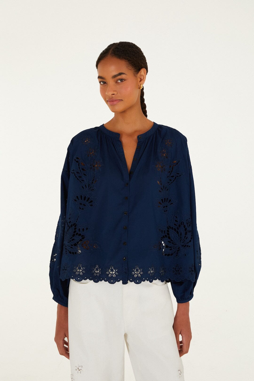 FARM Rio Shop Navy Blue Artisanal Long Sleeve Blouse