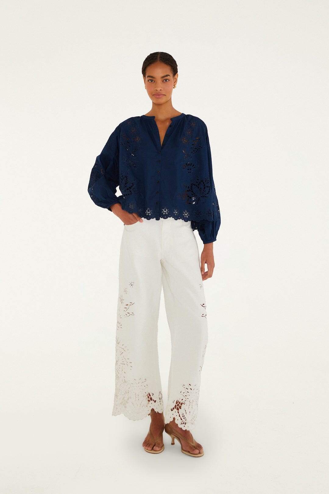 FARM Rio Shop Navy Blue Artisanal Long Sleeve Blouse
