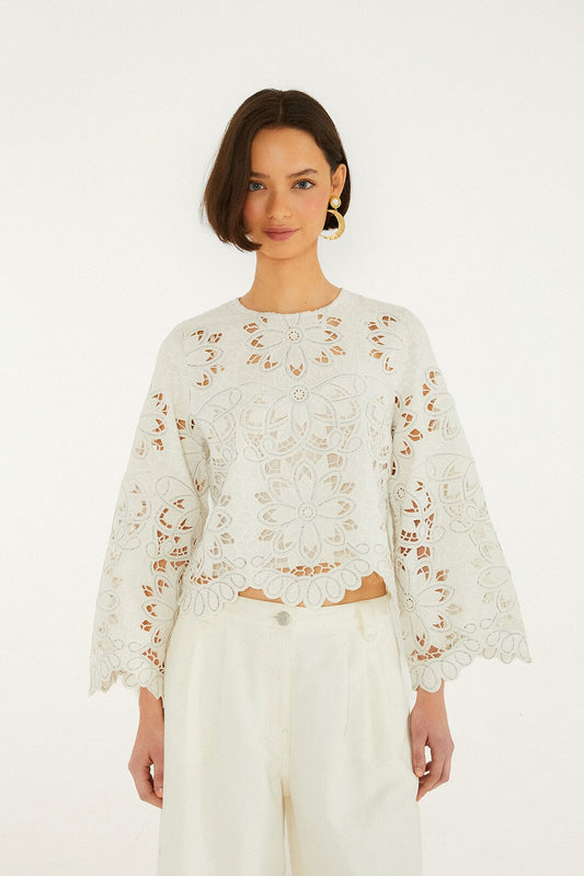 FARM Rio Shop Off-White Flowers Richelieu Long Sleeve Blouse