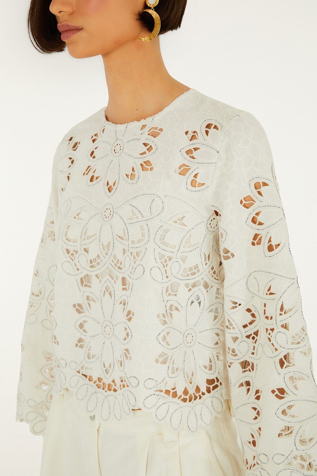 FARM Rio Shop Off-White Flowers Richelieu Long Sleeve Blouse