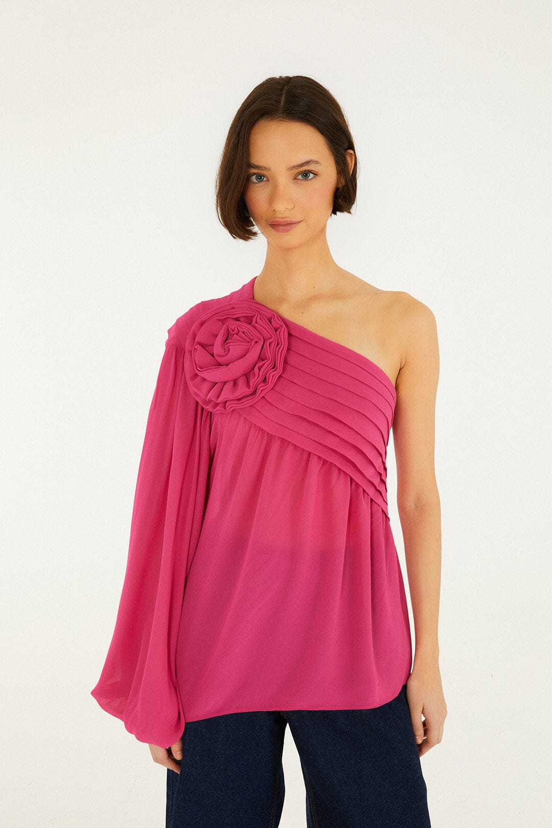 FARM Rio Shop Pink 3d Rose One-Shoulder Blouse