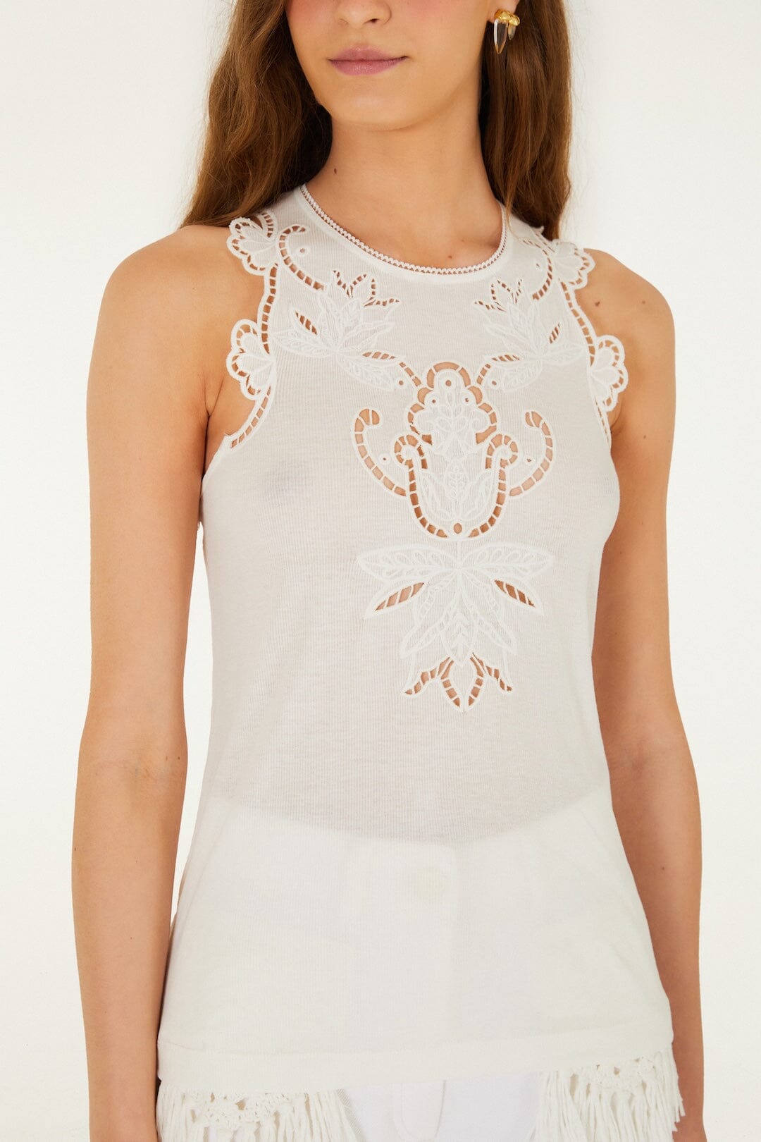 FARM Rio Shop Off-White Lace Sleeveless Organic Cotton Blouse