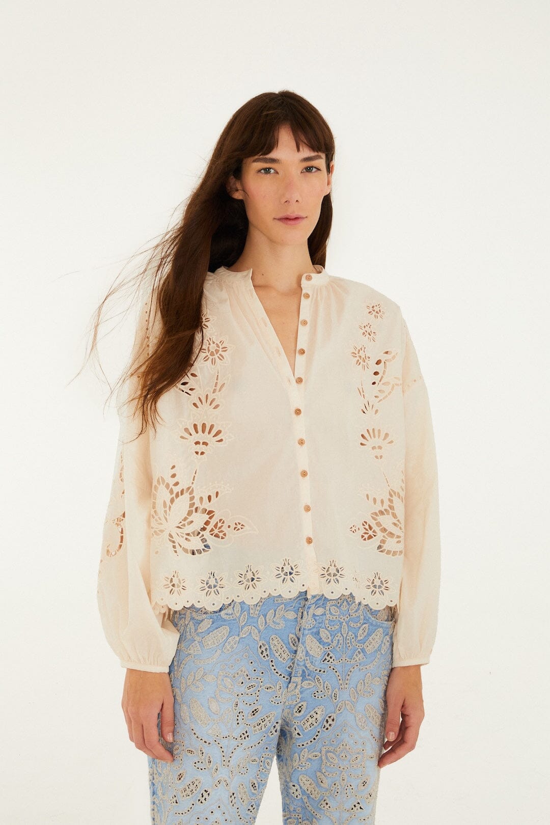 FARM Rio Shop Soft Pink Artisanal Long Sleeve Blouse