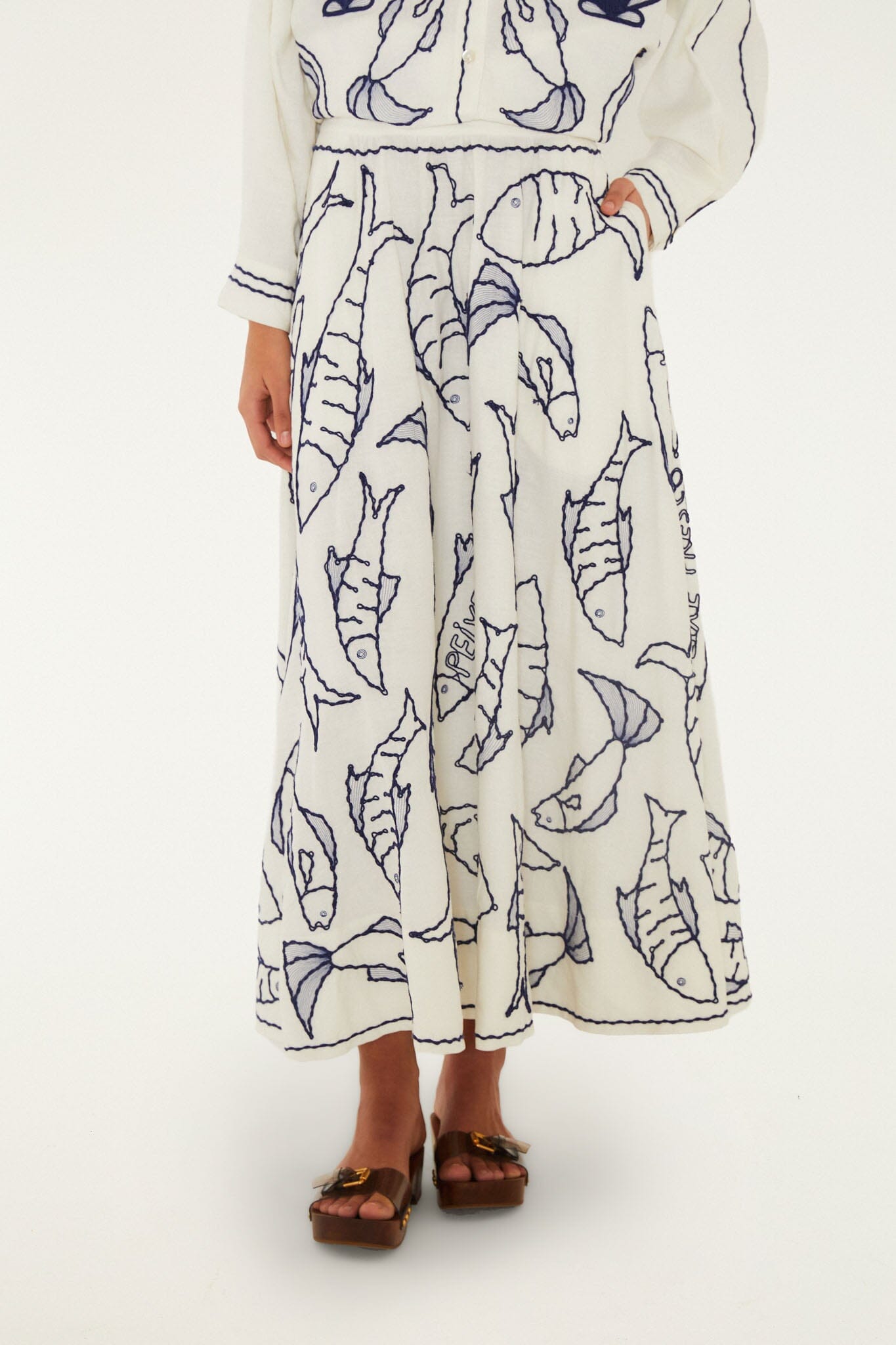 FARM Rio Shop Off-White Fresh Fish Embroidered Midi Skirt