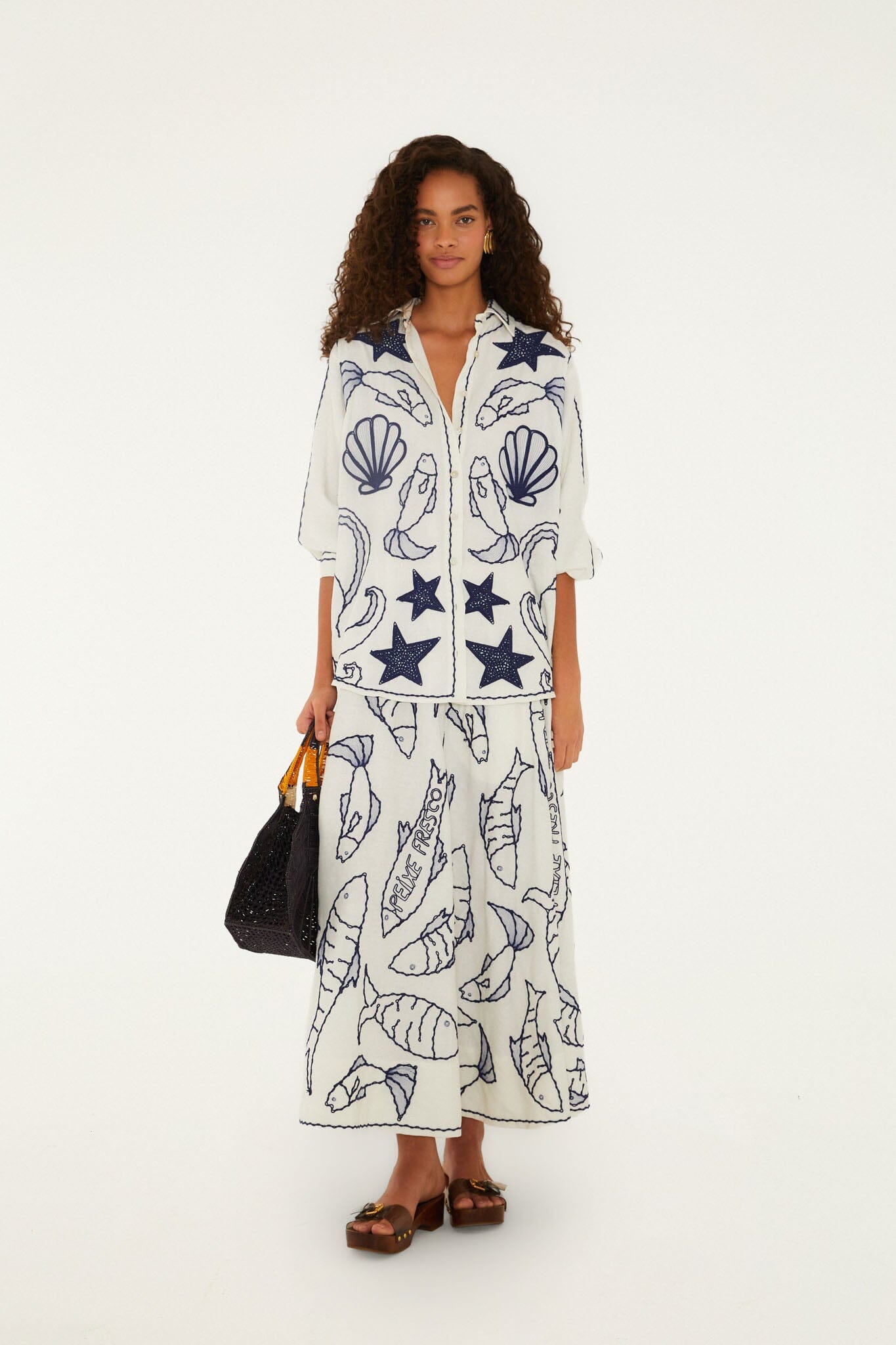 FARM Rio Shop Off-White Fresh Fish Embroidered Midi Skirt