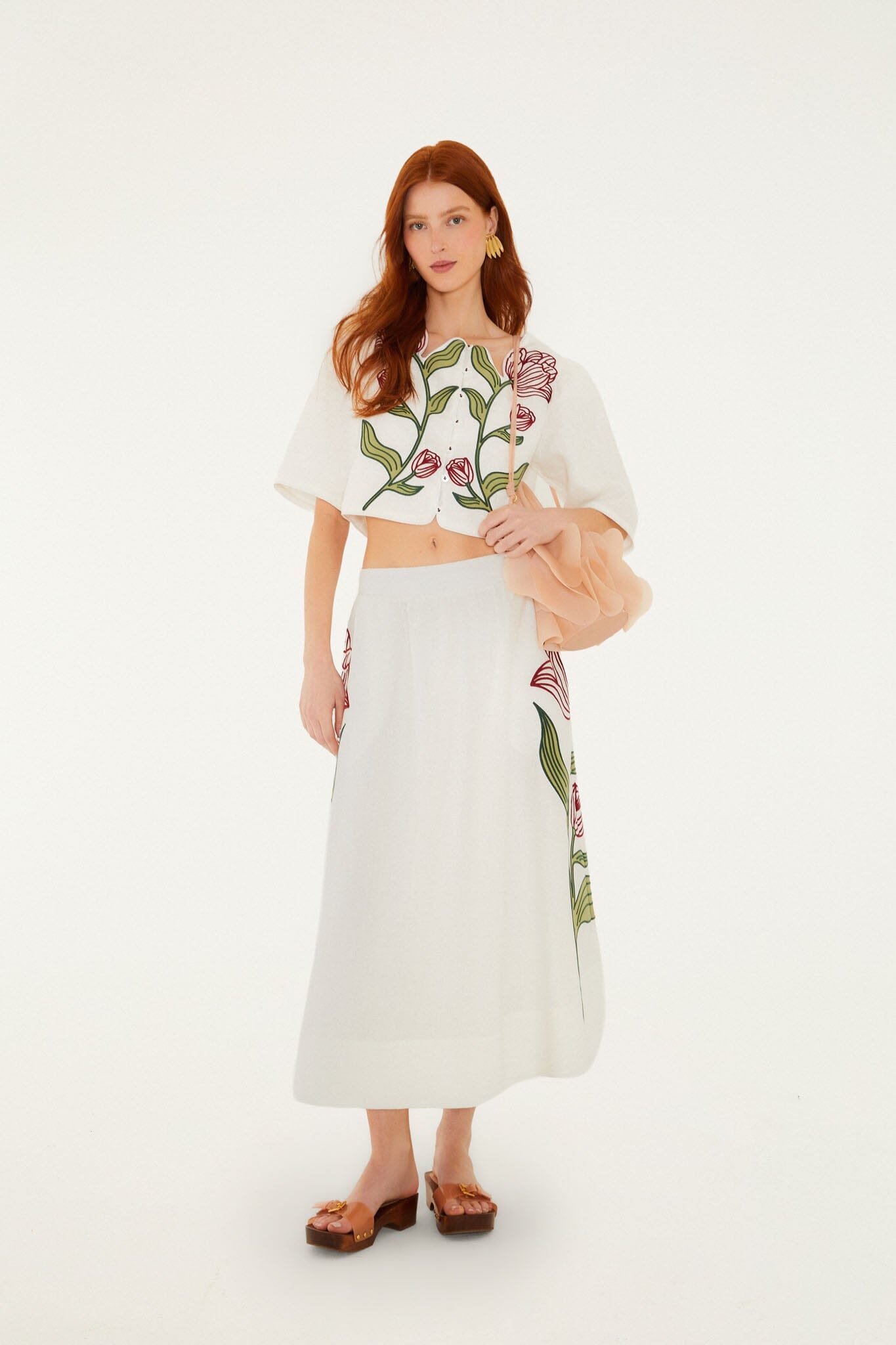 FARM Rio Shop Off-White Flower Embroidered Euroflax Premium Linen Midi Skirt