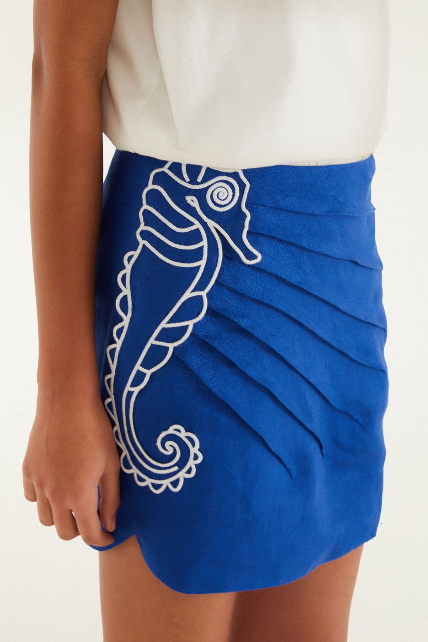 FARM Rio Shop Blue Seahorse Embroidery Euroflax Premium Linen Mini Skirt