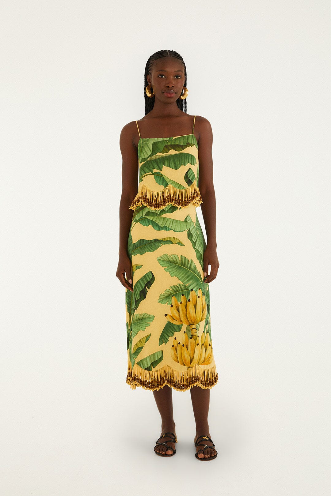FARM Rio Shop Yellow Fruit Leaves Banana Beaded Fringes Maxi Skirt