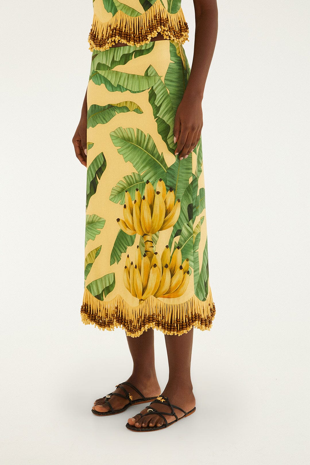FARM Rio Shop Yellow Fruit Leaves Banana Beaded Fringes Maxi Skirt