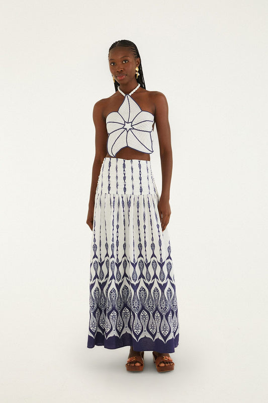 FARM Rio Shop Off-White Fishes Flow Lenzing Ecovero Euroflax Maxi Skirt