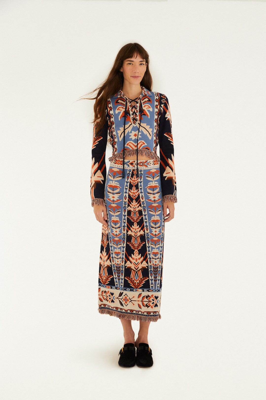 FARM Rio Shop Multicolor Tapestry Fringes Knit Skirt