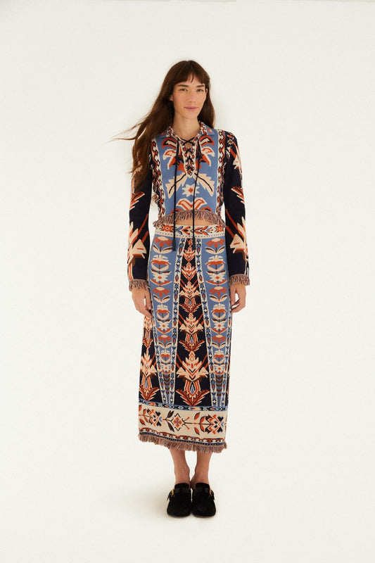FARM Rio Shop Multicolor Tapestry Fringes Knit Skirt