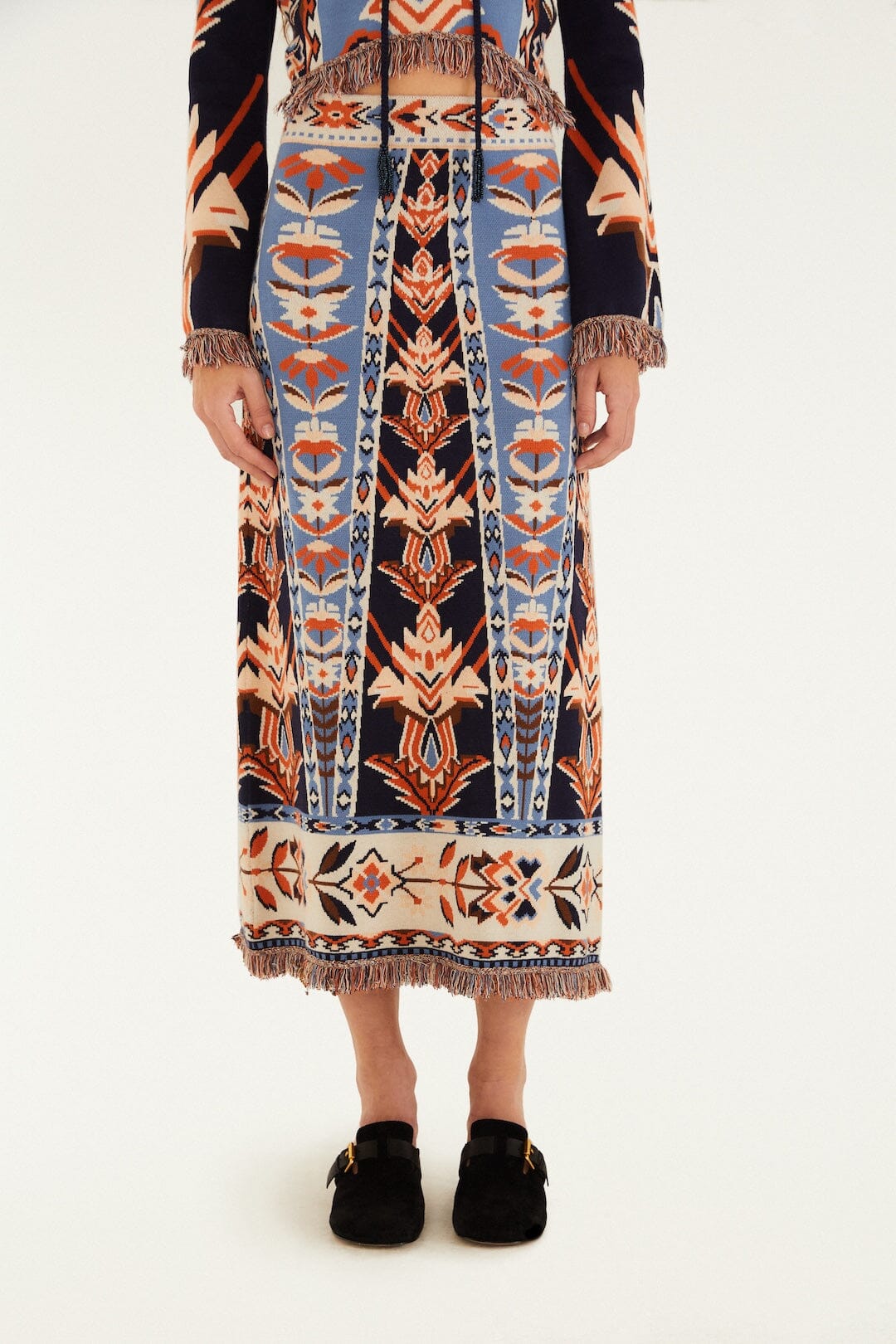 FARM Rio Shop Multicolor Tapestry Fringes Knit Skirt