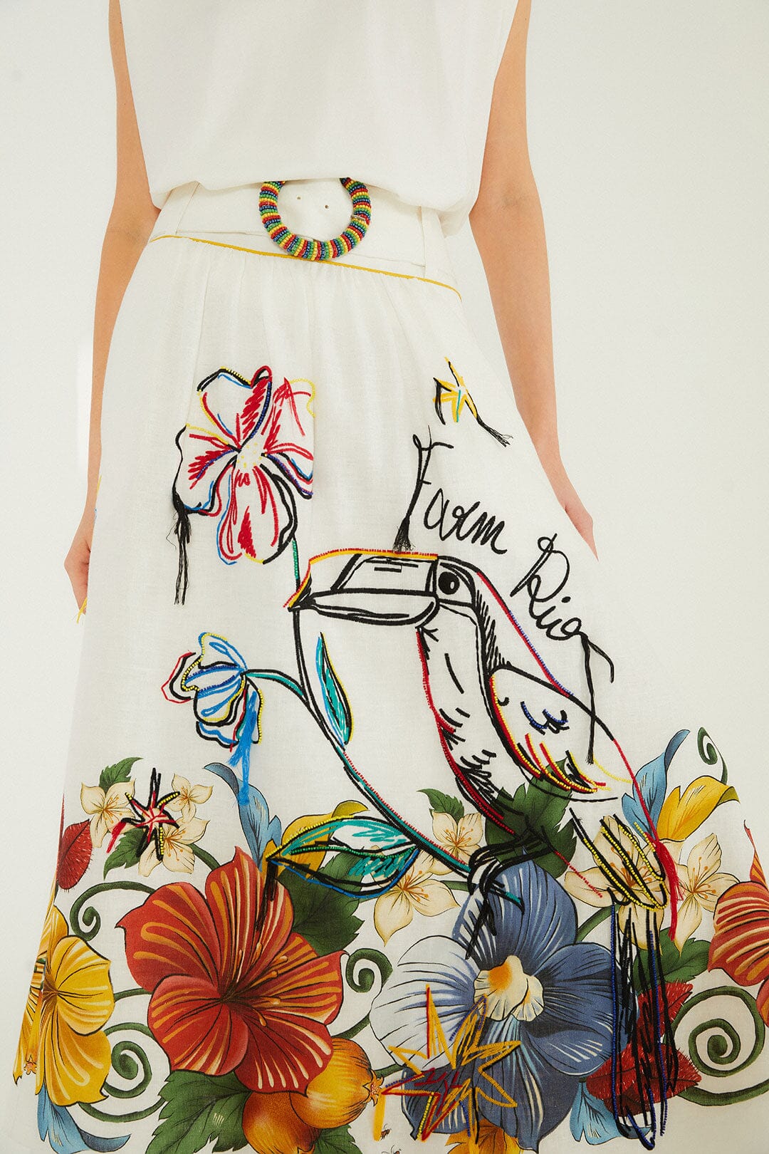 FARM Rio Shop Off-White Tropi Embroidered Euroflax Premium Linen Maxi Skirt