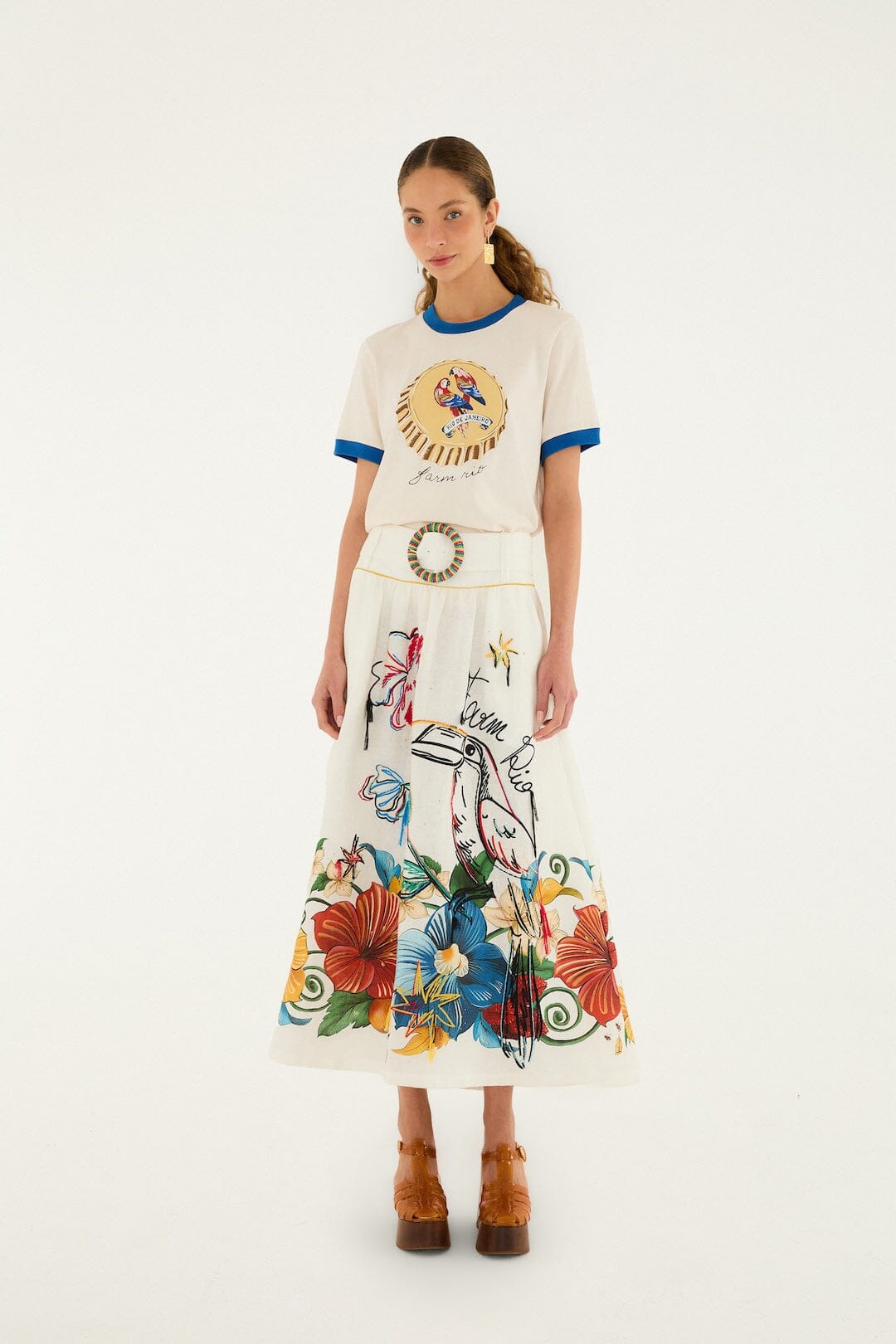 FARM Rio Shop Off-White Tropi Embroidered Euroflax Premium Linen Maxi Skirt