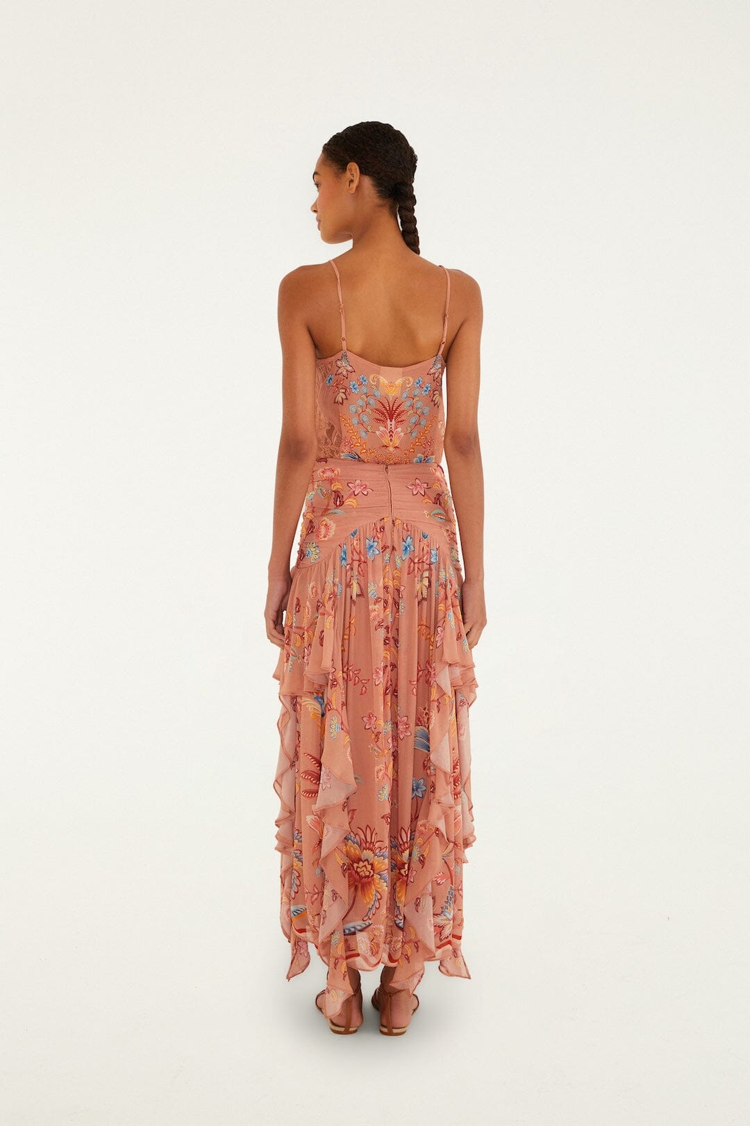 FARM Rio Shop Mocha Boho Enhance Ruched Ruffled Maxi Skirt