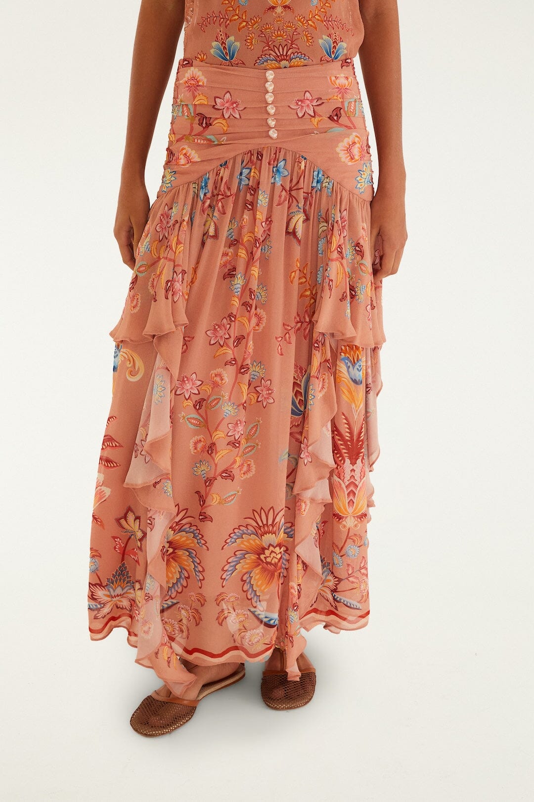 FARM Rio Shop Mocha Boho Enhance Ruched Ruffled Maxi Skirt