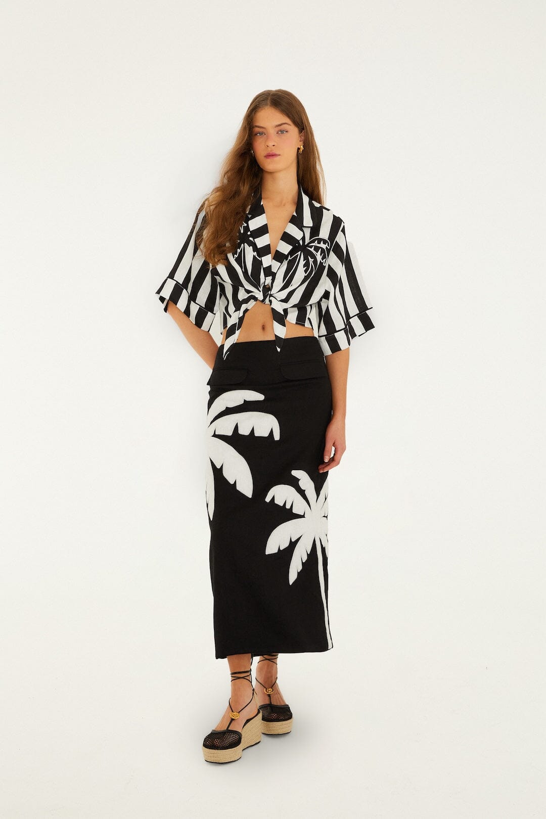 FARM Rio Shop Black Embroidered Palm Tree Euroflax Premium Linen Maxi Skirt