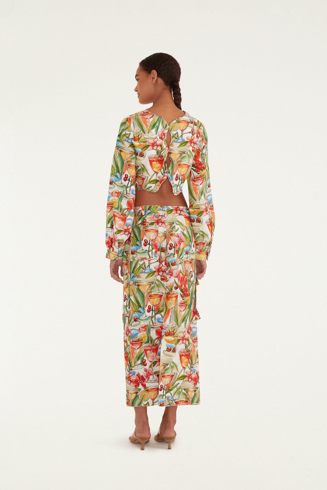 FARM Rio Shop Off-White Sand Cocktail Euroflax Premium Linen Midi Skirt