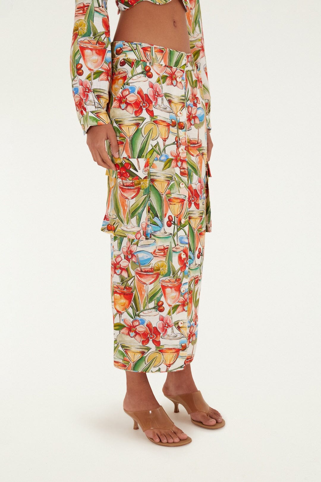 FARM Rio Shop Off-White Sand Cocktail Euroflax Premium Linen Midi Skirt