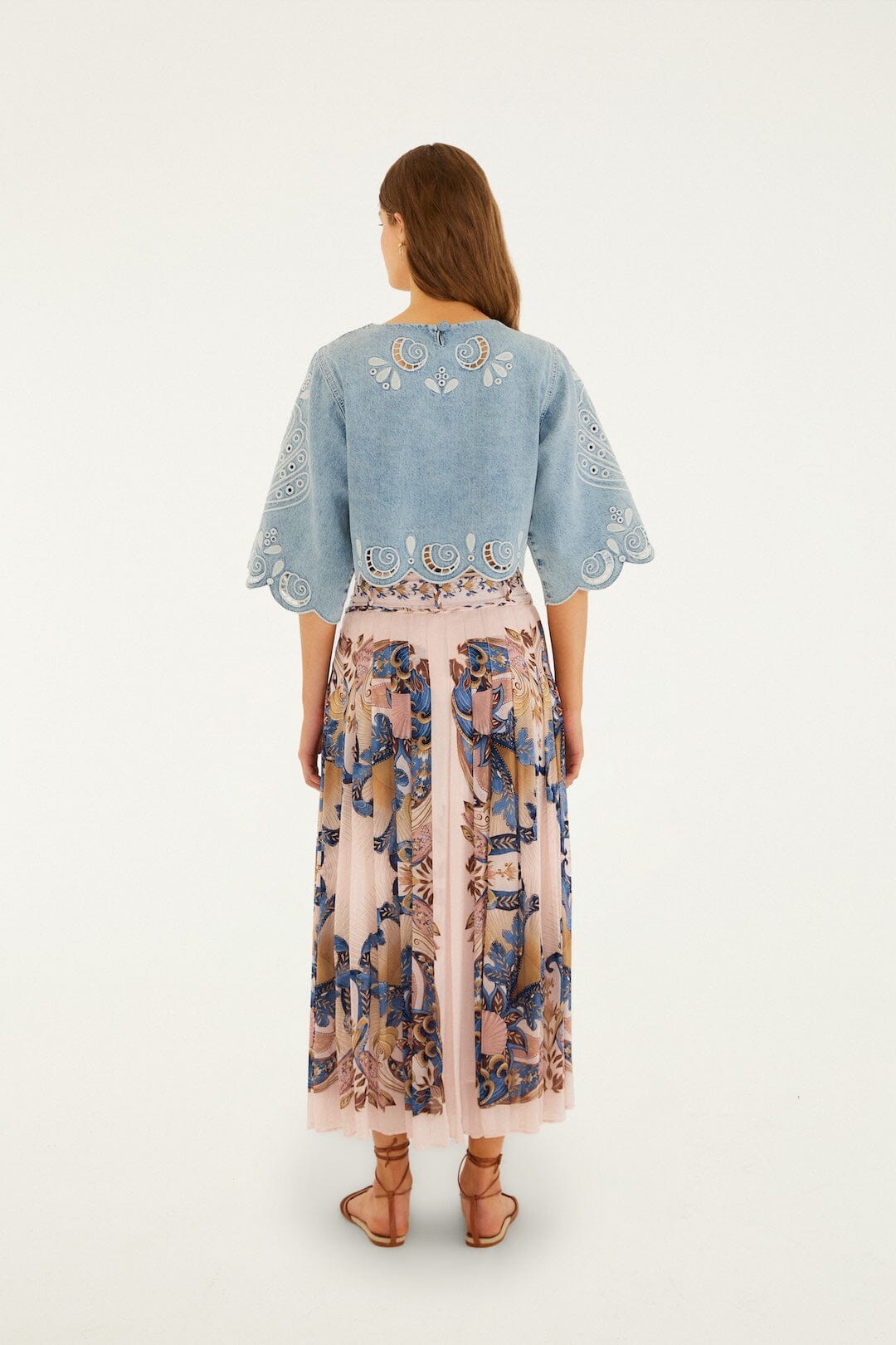 FARM Rio Shop Soft Pink Sea Garden Scarf Pleated Maxi Skirt
