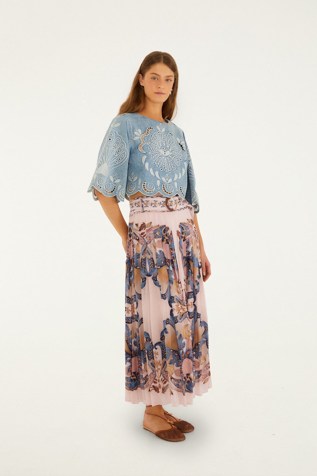 FARM Rio Shop Soft Pink Sea Garden Scarf Pleated Maxi Skirt