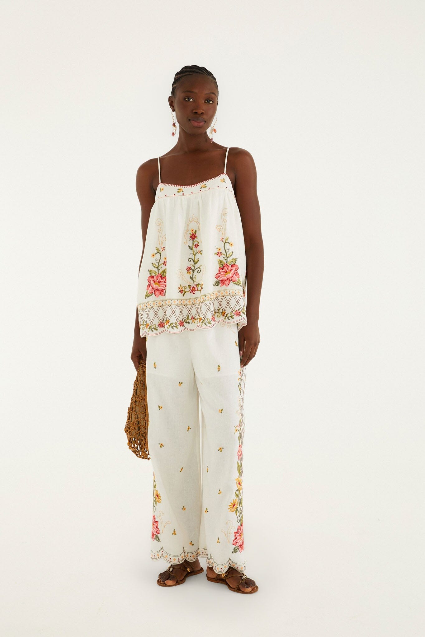 FARM Rio Shop Off-White Flower Embroidery Wide-Leg Pants