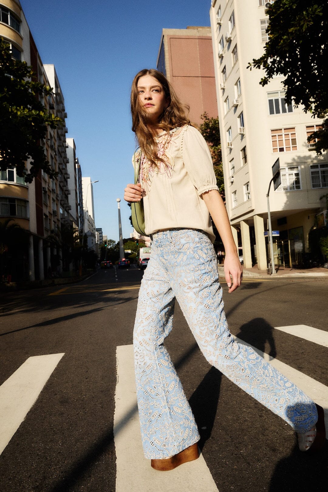 FARM Rio Shop Denim Eyelet Pockets Flare Pants