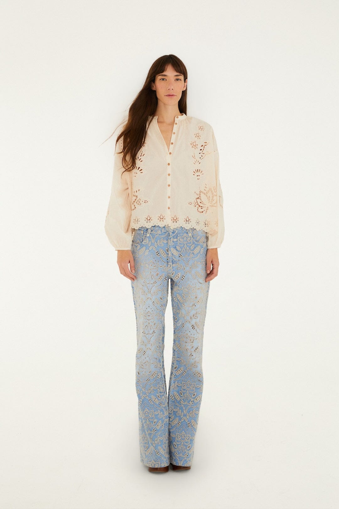 FARM Rio Shop Denim Eyelet Pockets Flare Pants