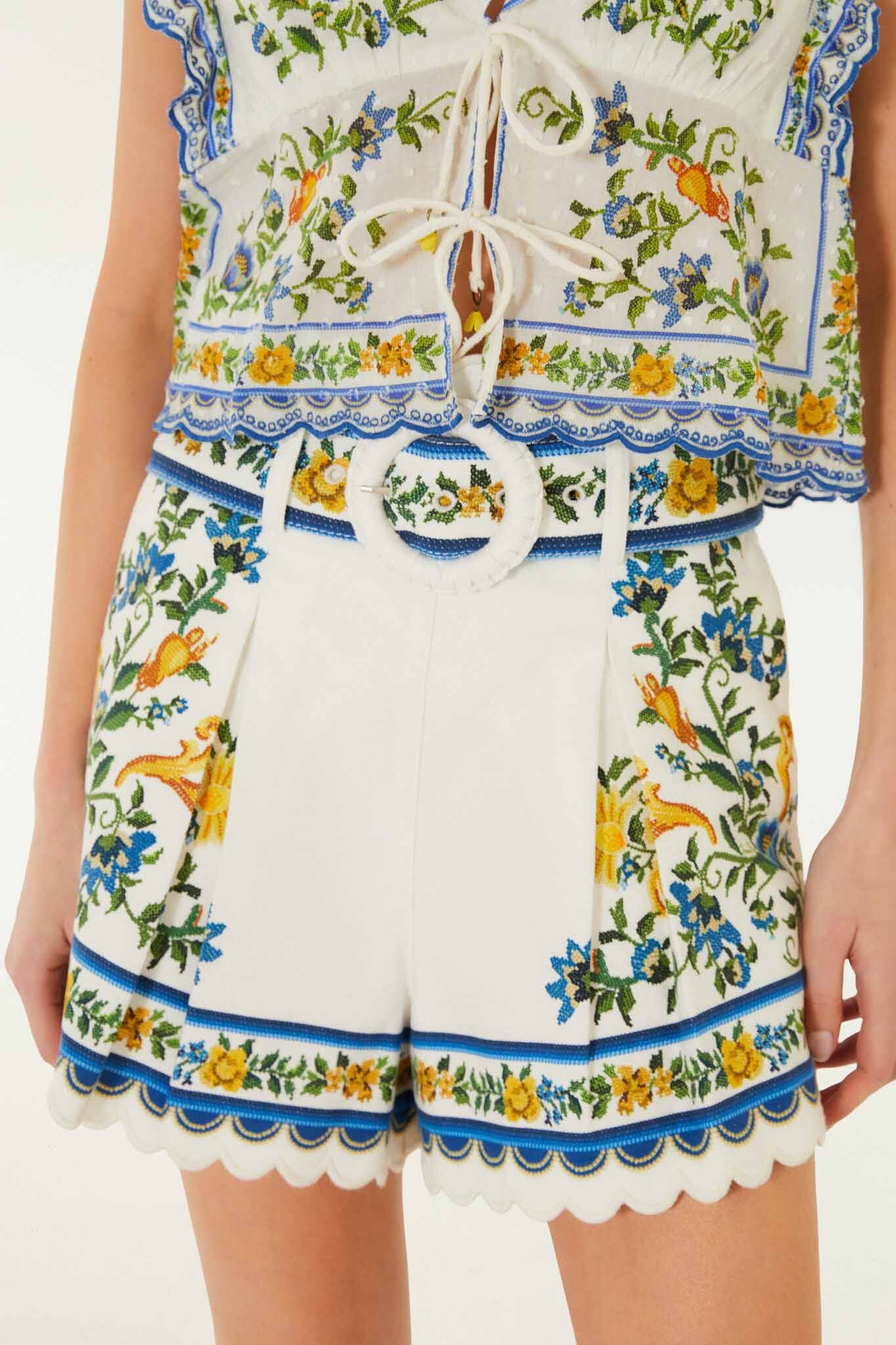 FARM Rio Shop Off-White Emily Floral Tapestry Belted Shorts
