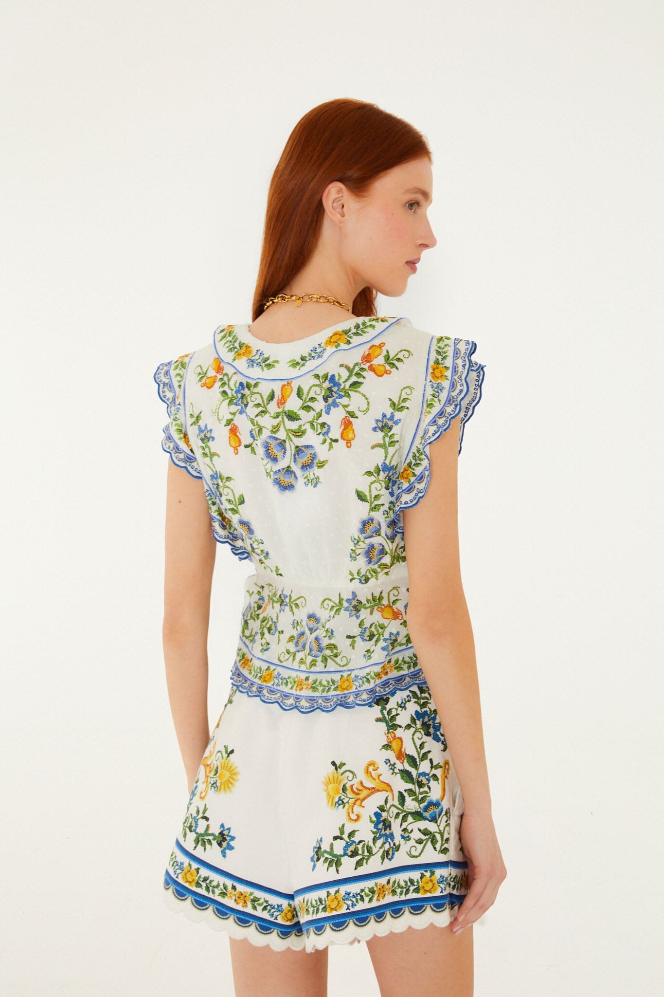 FARM Rio Shop Off-White Emily Floral Tapestry Belted Shorts
