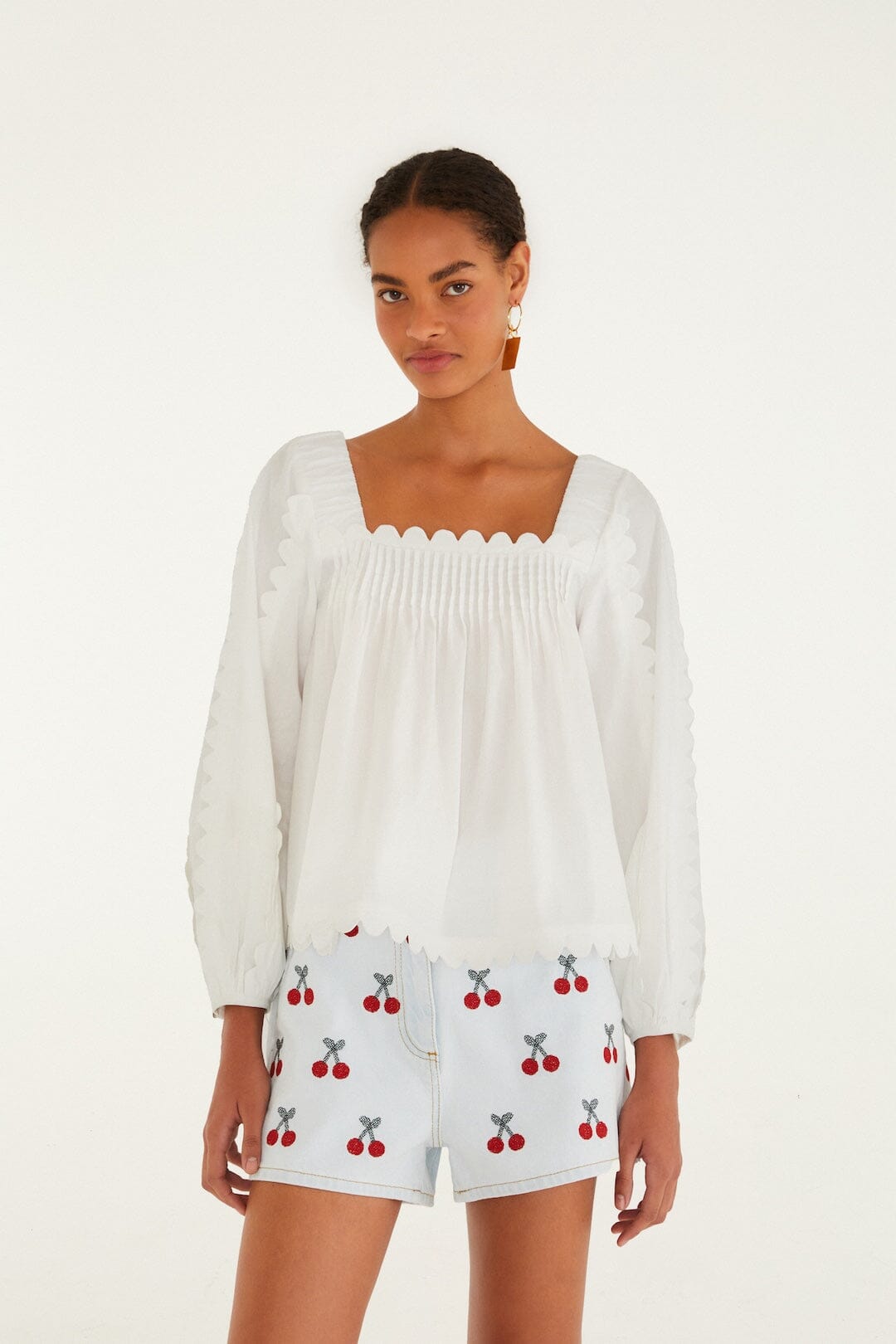 FARM Rio Shop Embroidered Cherry Denim Shorts