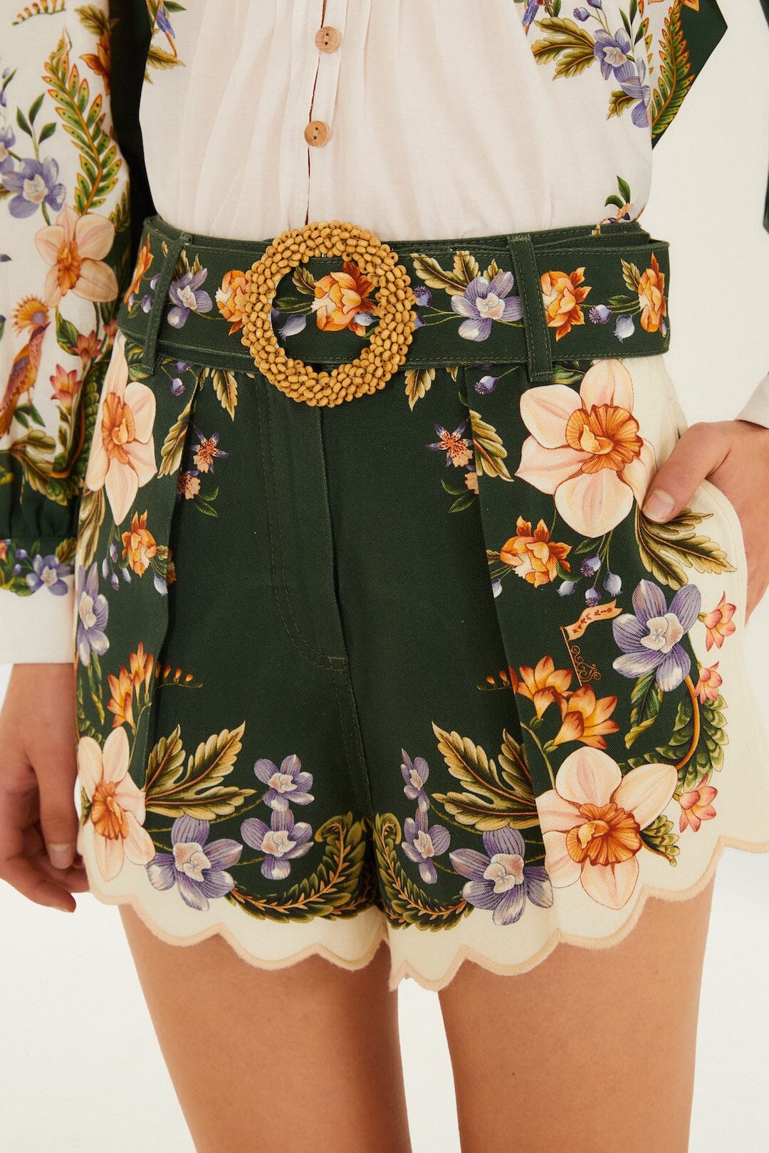 FARM Rio Shop Green Berry Garden Beaded Buckle Twill Shorts