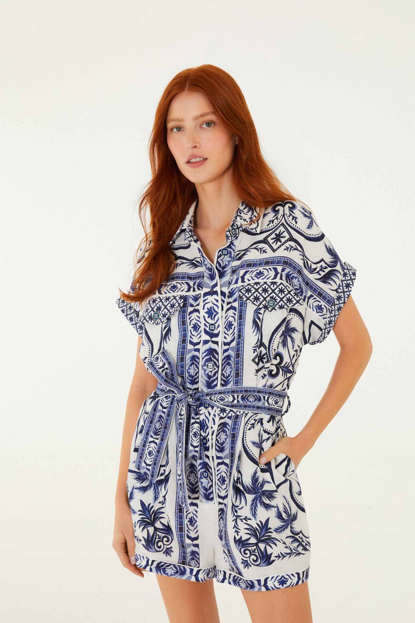 FARM Rio Shop Off-White Wonderful City Belted Euroflax Premium Linen Romper
