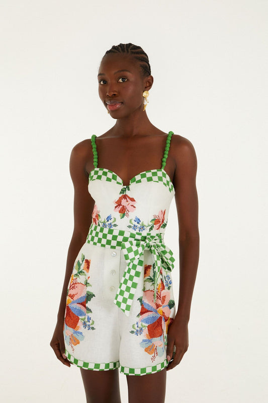 FARM Rio Shop Off-White Calm Breeze Beaded Straps Belted Romper