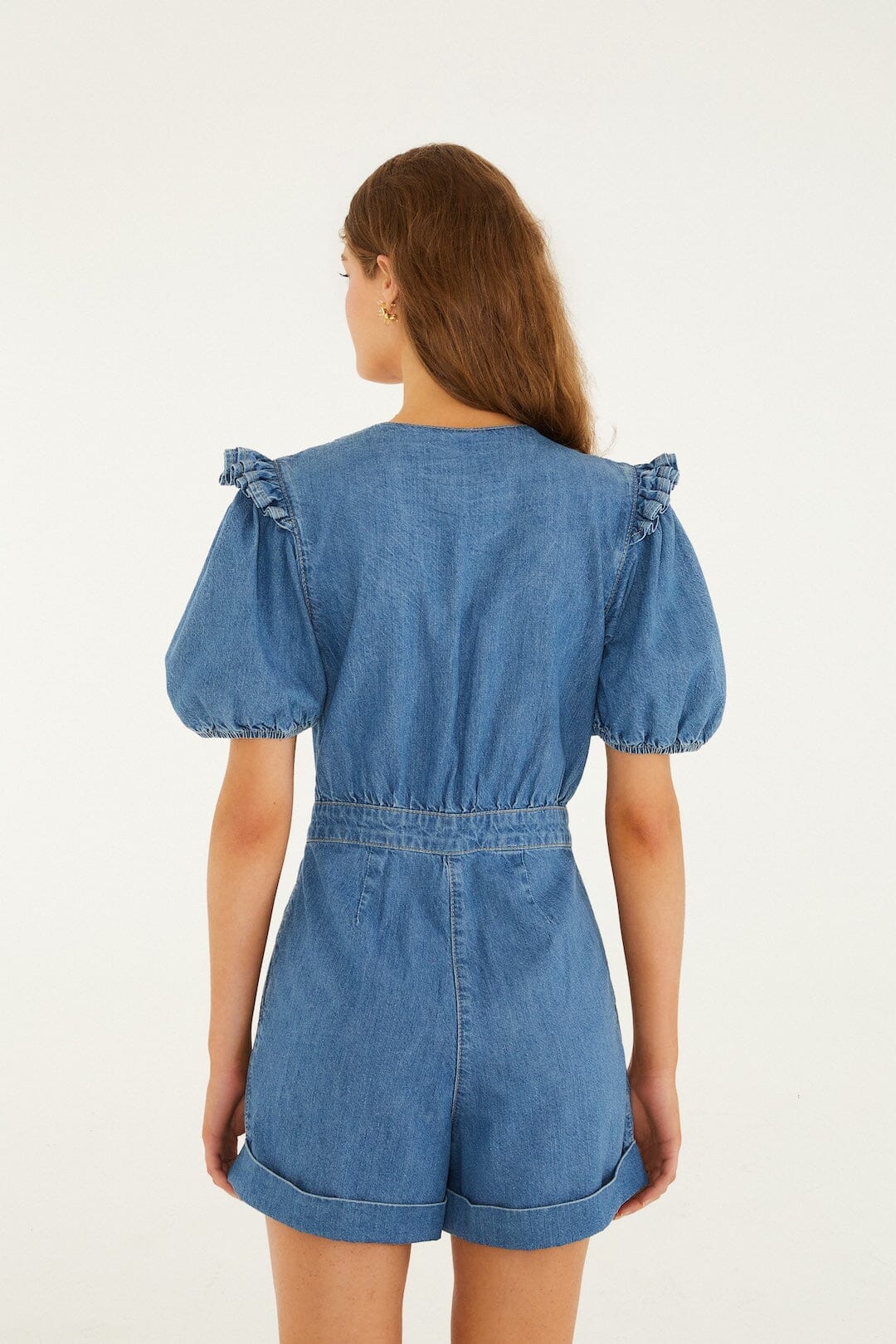 FARM Rio Shop Denim Ruffled Puff Sleeve Romper