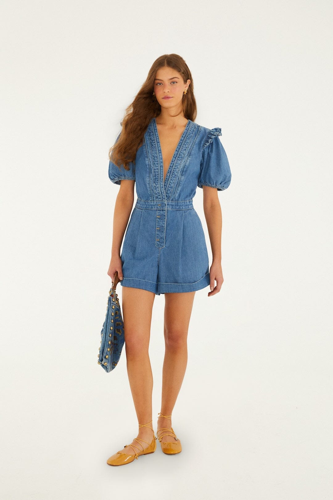 FARM Rio Shop Denim Ruffled Puff Sleeve Romper
