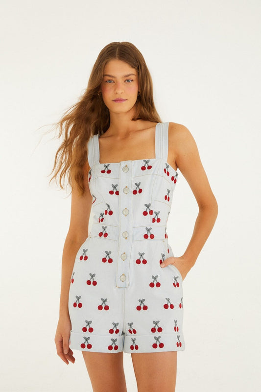 FARM Rio Shop Embroidered Cherry Denim Romper