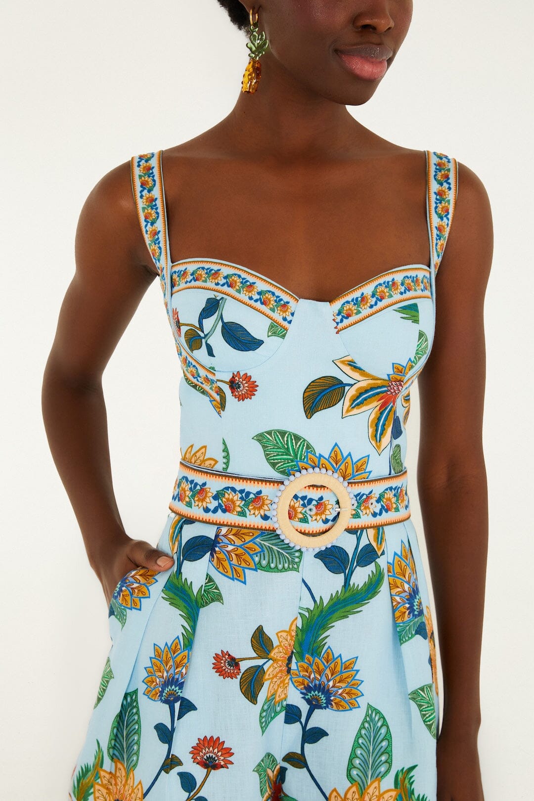 FARM Rio Shop Light Blue Floral Delhi Euroflax Premium Linen Romper