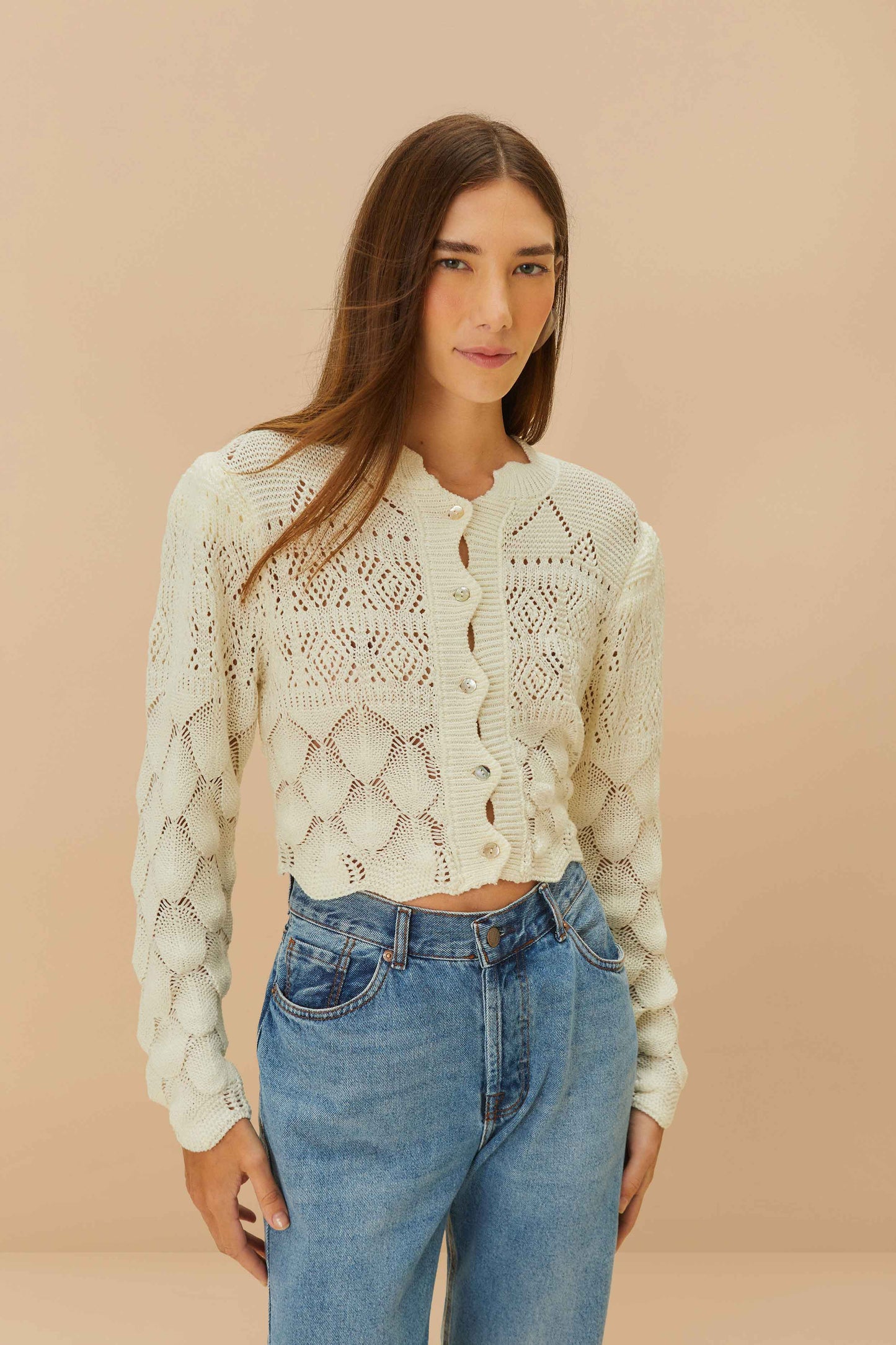 FARM Rio Shop Off-White Mixed Lace Stitch Cardigan