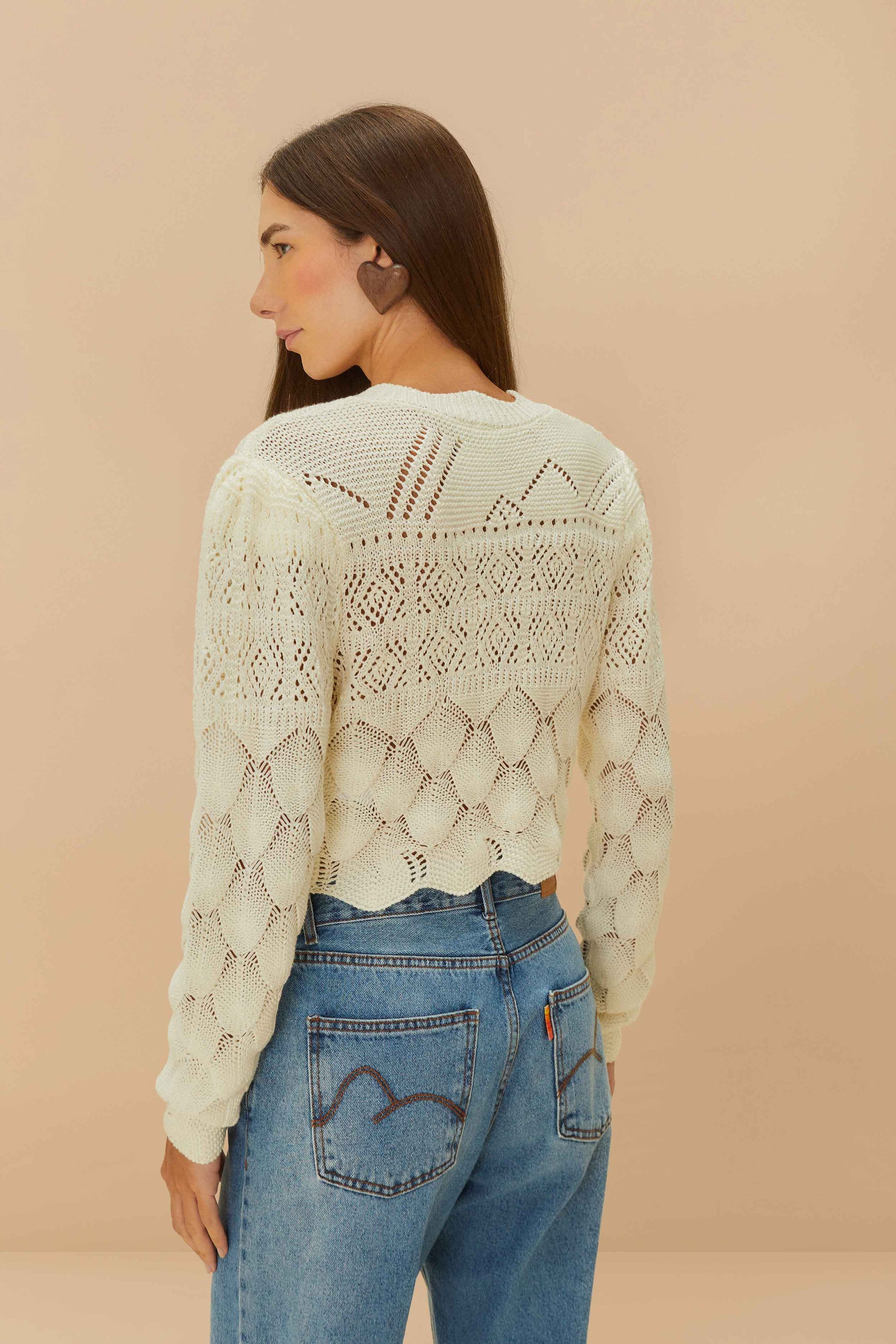 FARM Rio Shop Off-White Mixed Lace Stitch Cardigan