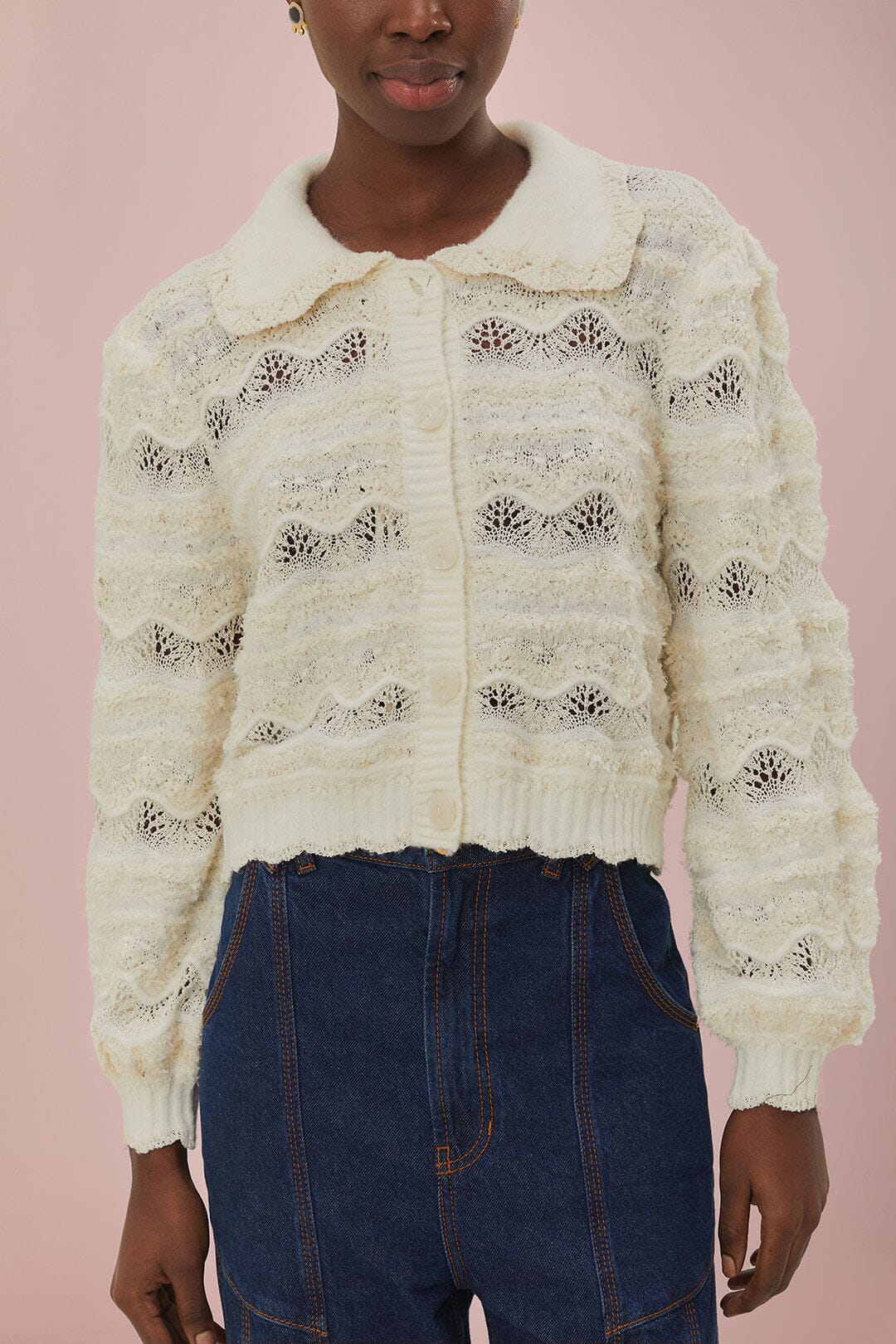 FARM Rio Shop Mixed Stitches Off-White Knit Cardigan