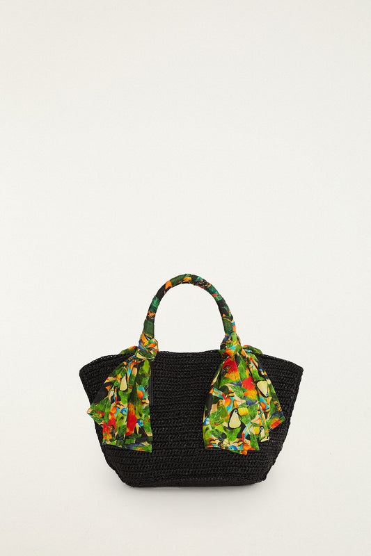FARM Rio Shop Black Scarf Raffia Mini Basket Bag