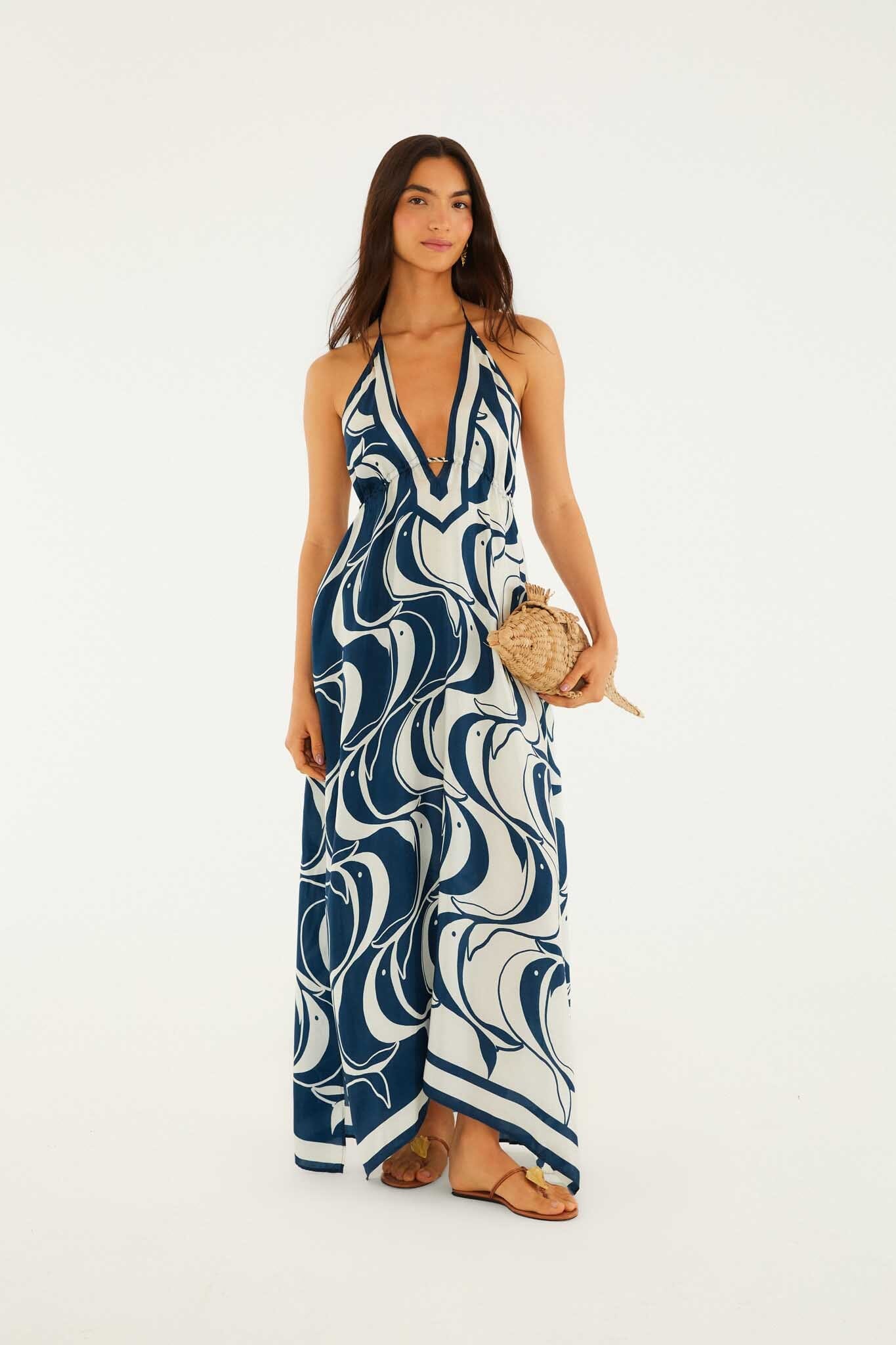 FARM Rio Shop Blue Plunging Neck Maxi Dress