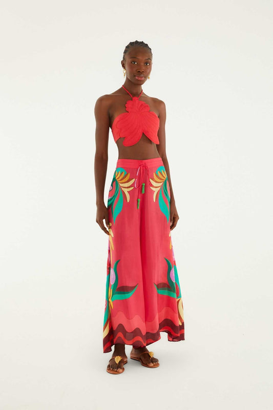 FARM Rio Shop Multicolor Nature Beaded Tasssels Wide-Leg Pants