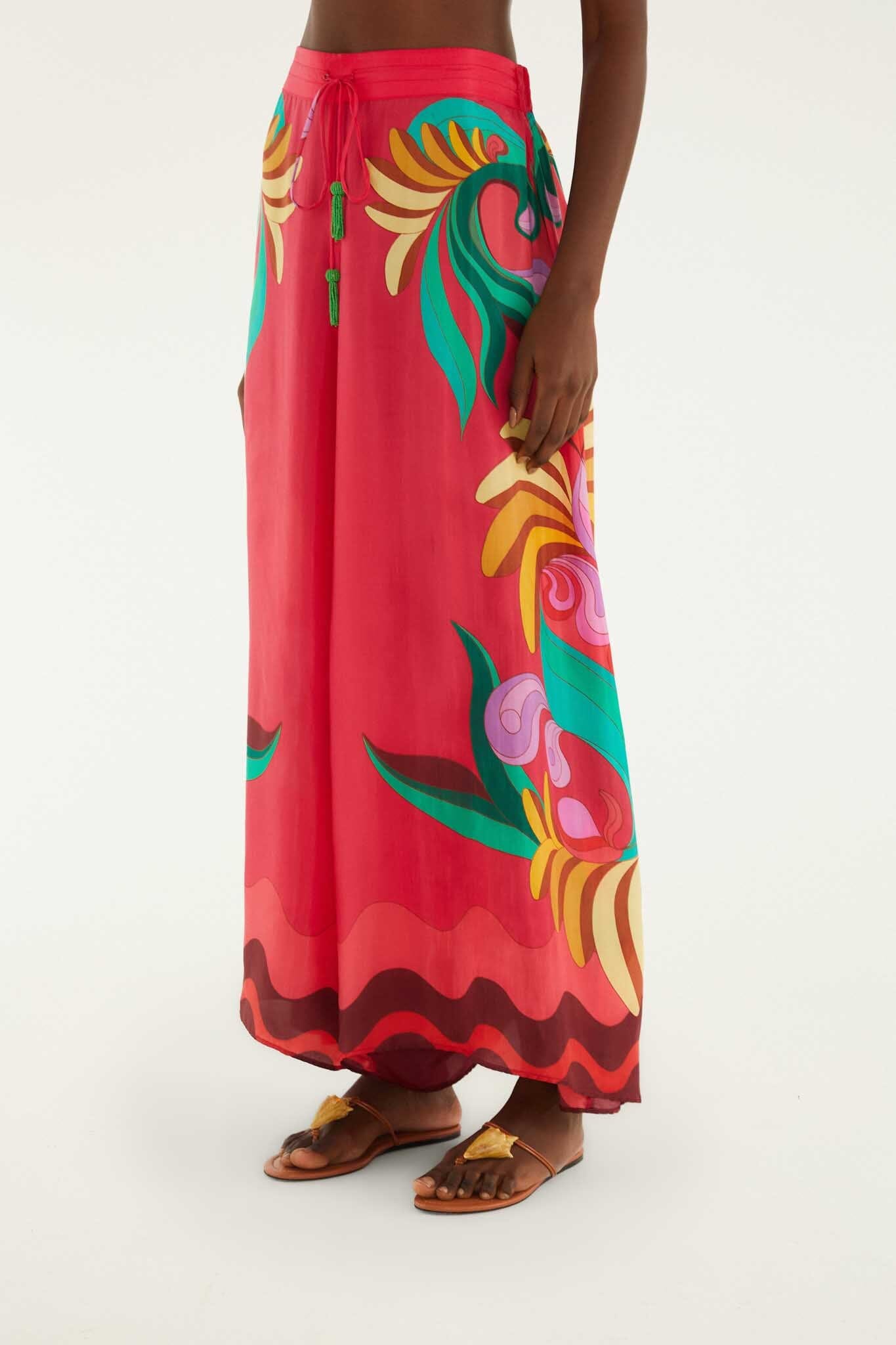 FARM Rio Shop Multicolor Nature Beaded Tasssels Wide-Leg Pants
