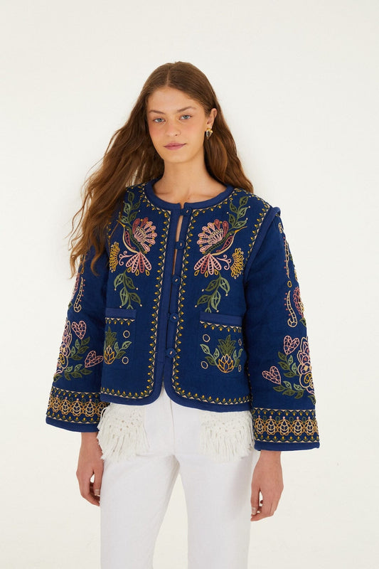 FARM Rio Shop Dark Blue Embroidered Pockets Richelieu Jacket