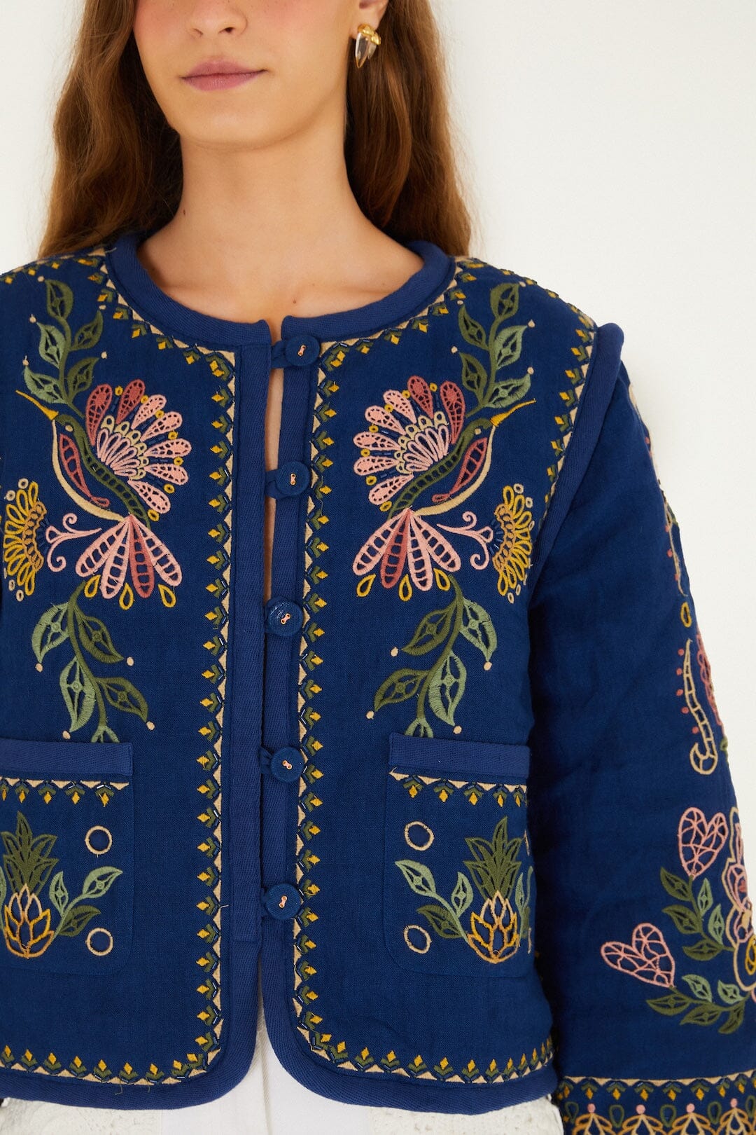 FARM Rio Shop Dark Blue Embroidered Pockets Richelieu Jacket