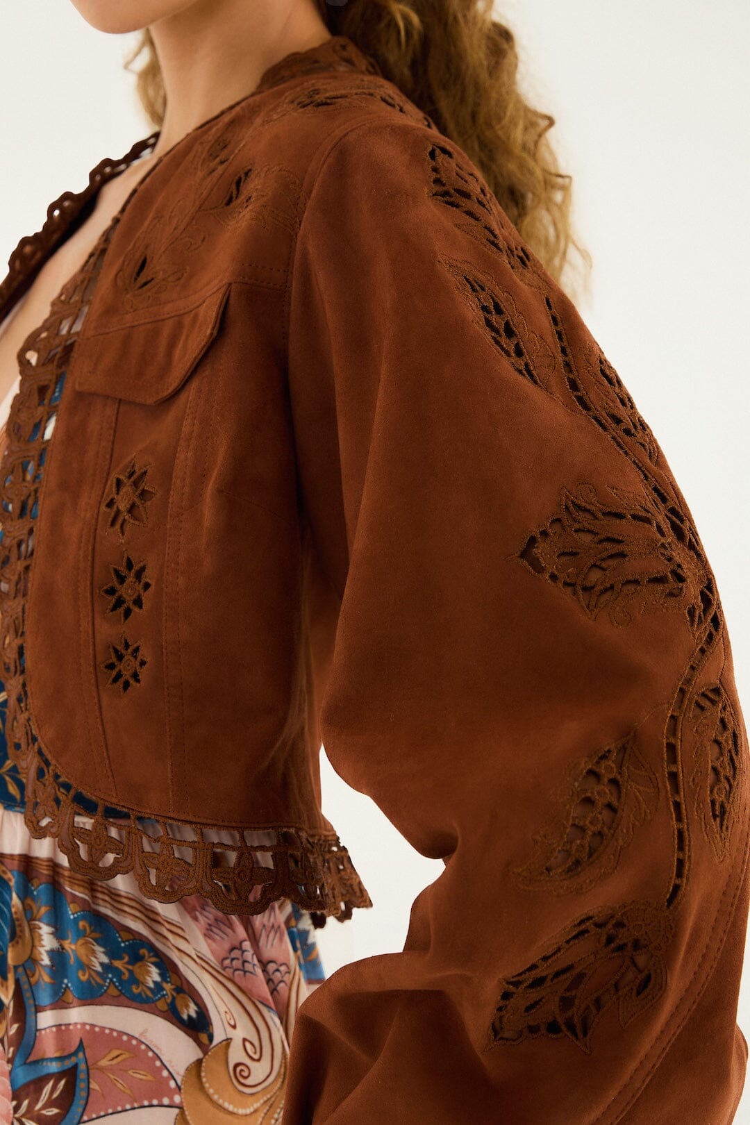 FARM Rio Shop Caramel Richelieu Cropped Leather Jacket