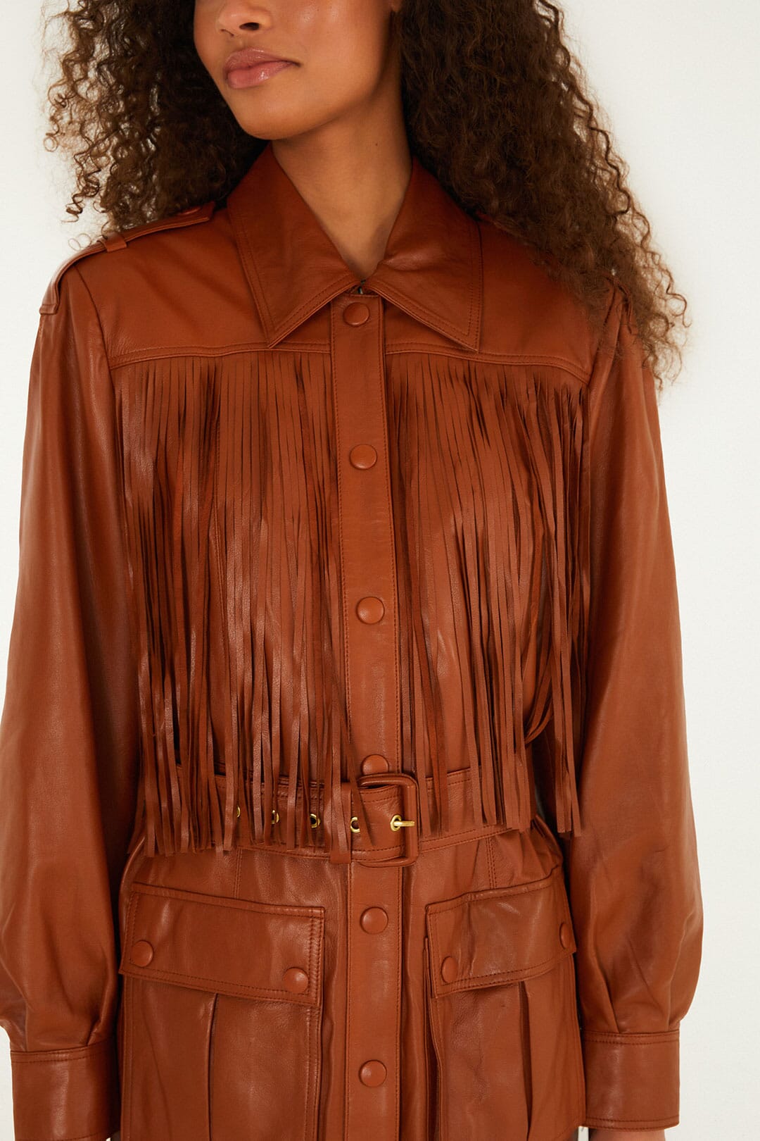 FARM Rio Shop Brown Fringes Leather Coat